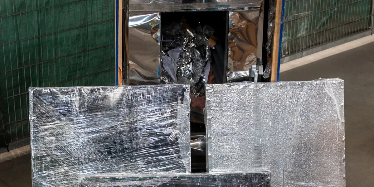 Photographies de la saisie : le four dans son emballage en bois d’origine et trois cassettes de « protection » contenant des produits stupéfiants. | © Administration des douanes et accises 